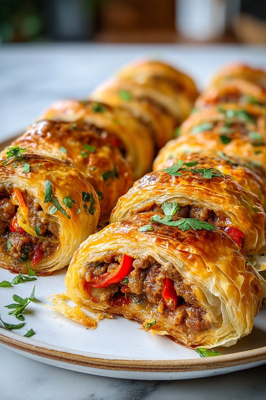 A plate of sausage, rotel and cream cheese wrapped in pastry.