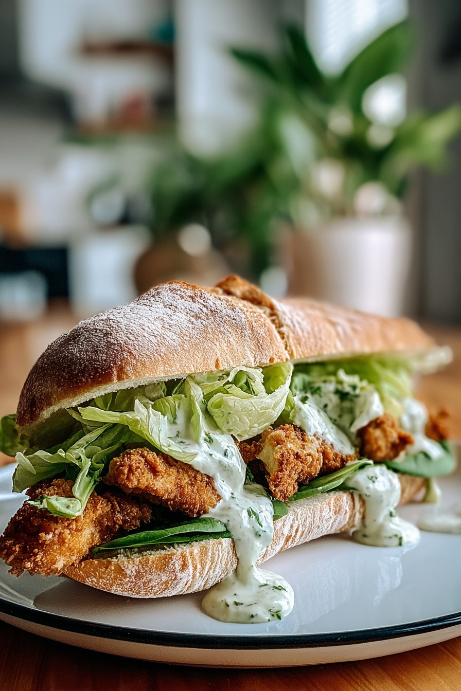 A sandwich with lettuce, chicken, and sauce.