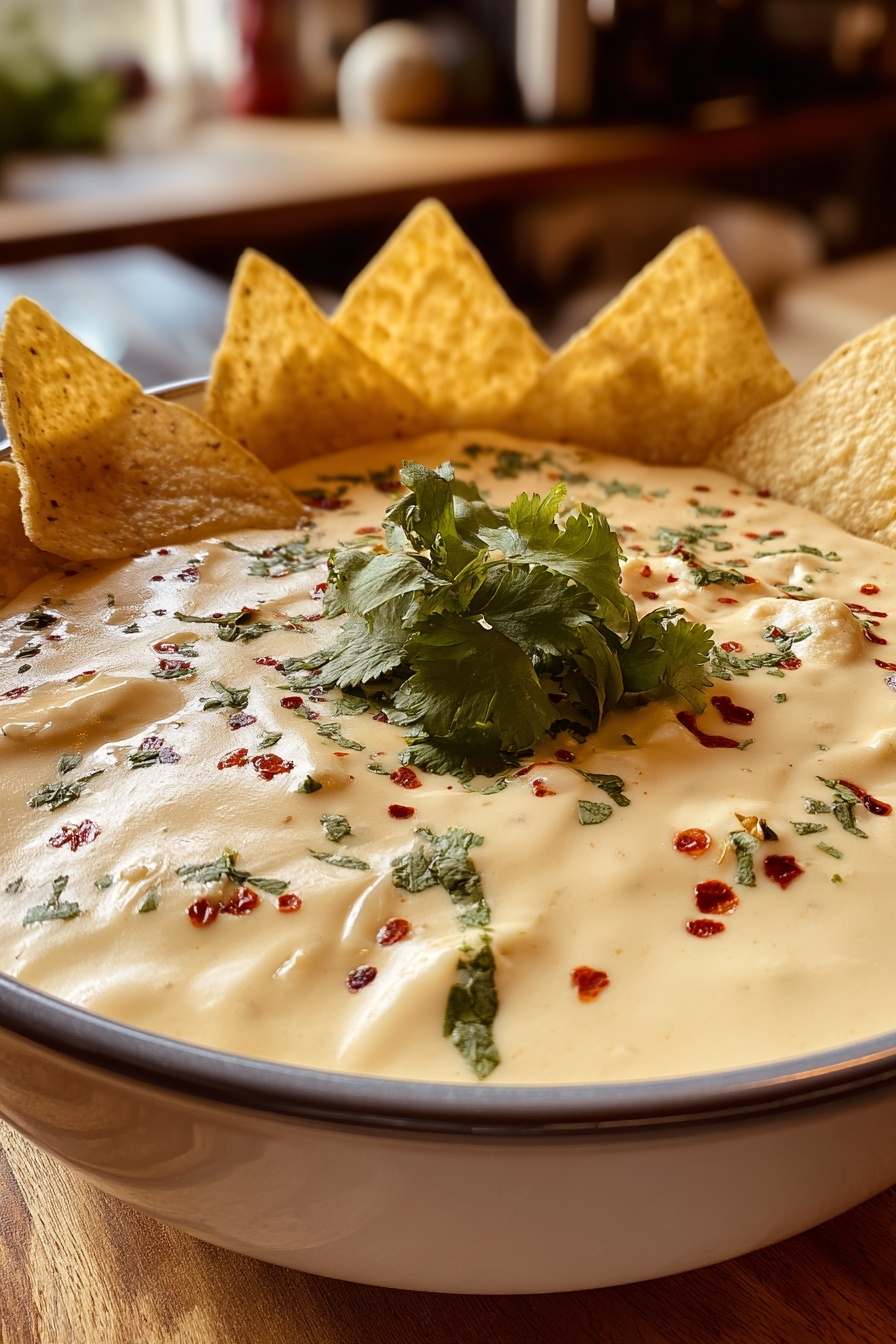 A bowl of white queso dip with chips on top.