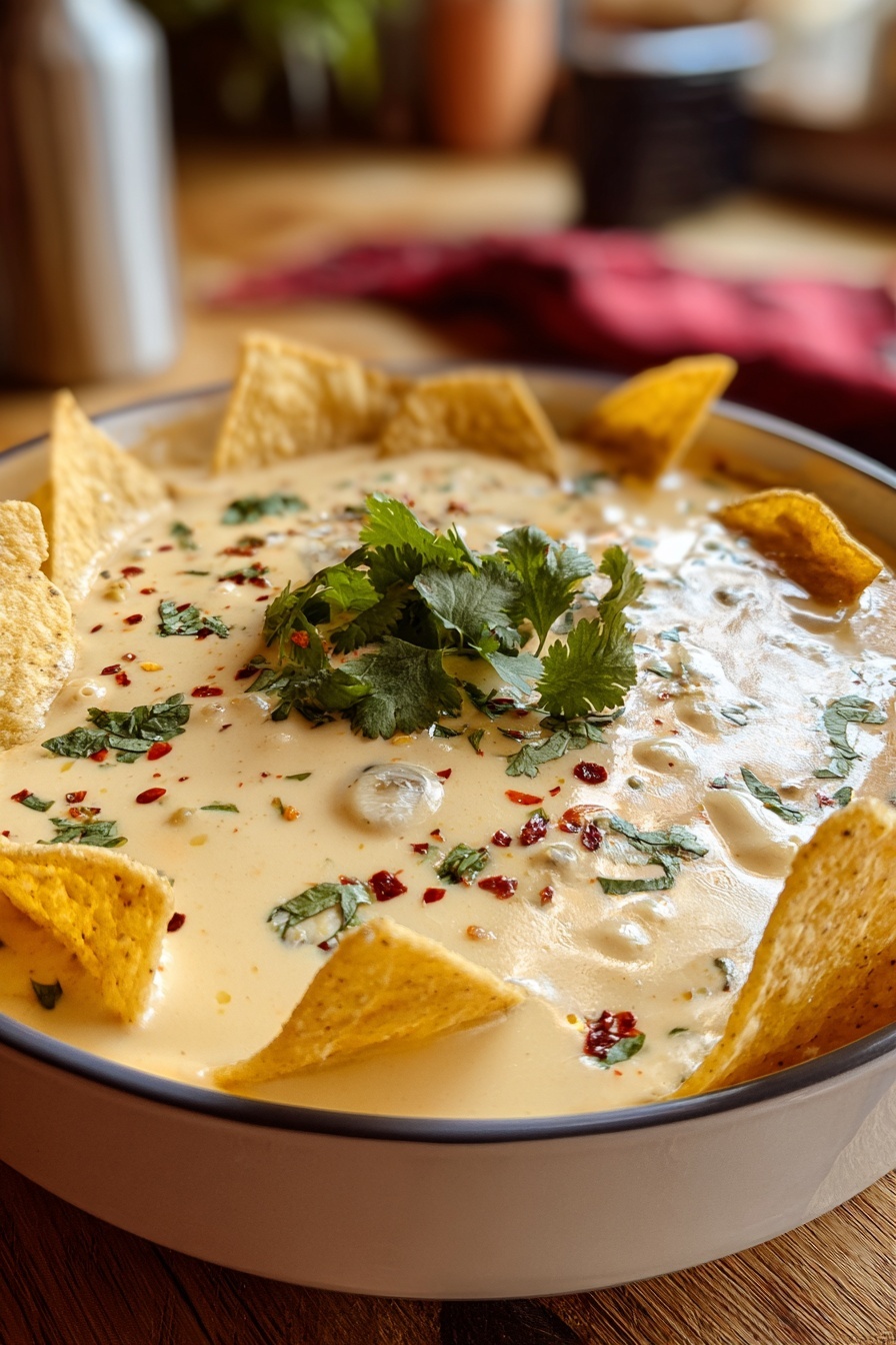 A bowl of soup with chips on top.