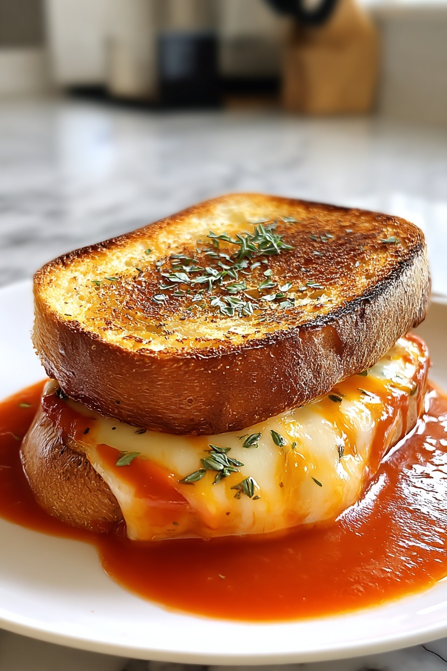 A grilled cheese sandwich with tomato soup on the side.