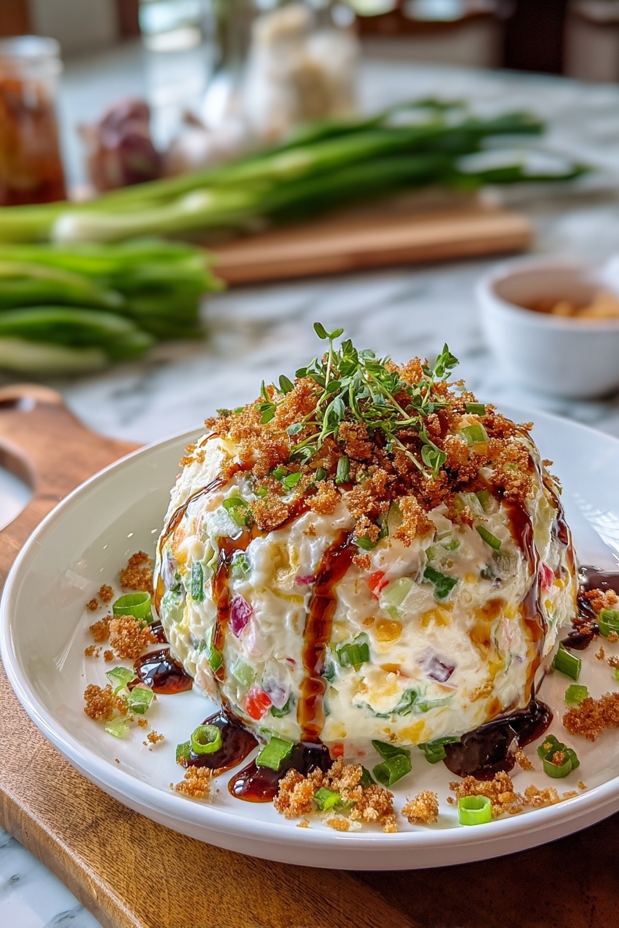 A pineapple cheese ball with a drizzle of sauce.