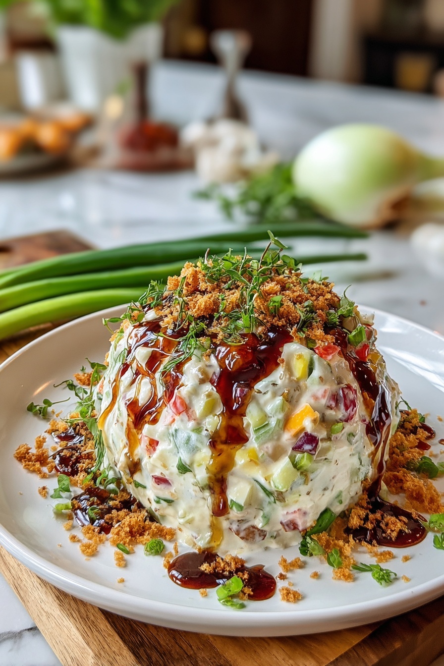 A pineapple cheese ball with a drizzle of sauce.