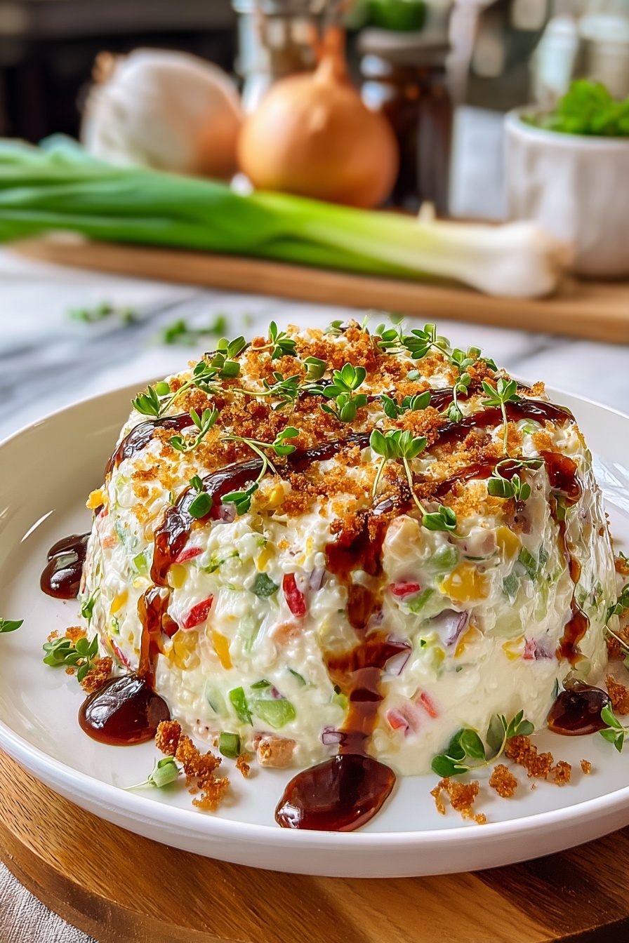 A pineapple cheese ball with a drizzle of sauce.