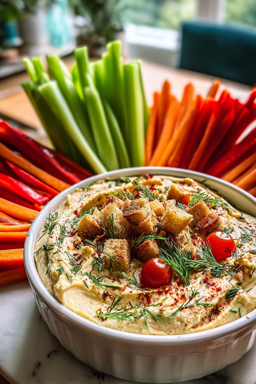 A bowl of veggie ranch dip with carrots and celery.