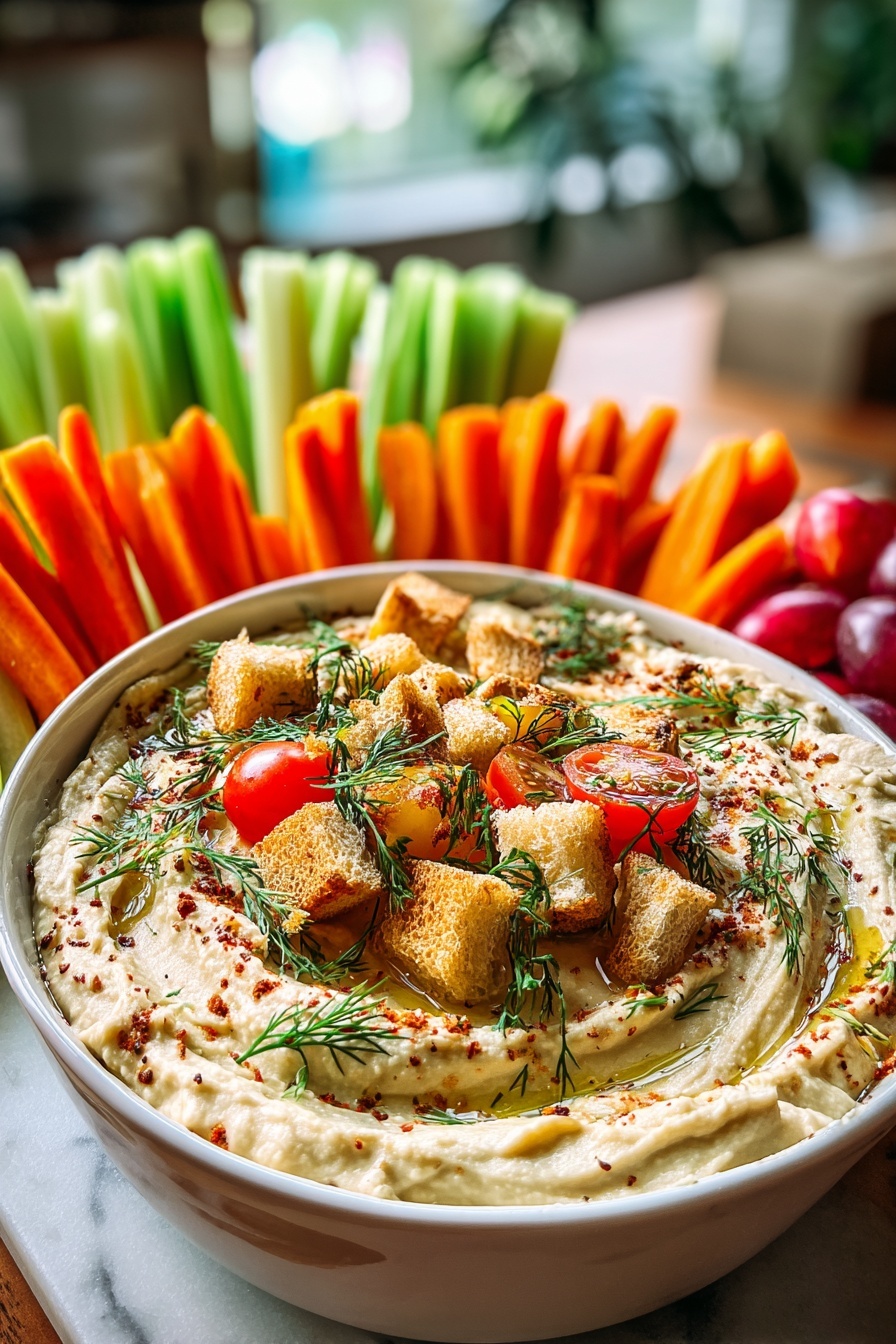 A bowl of veggie ranch dip with carrots and celery.