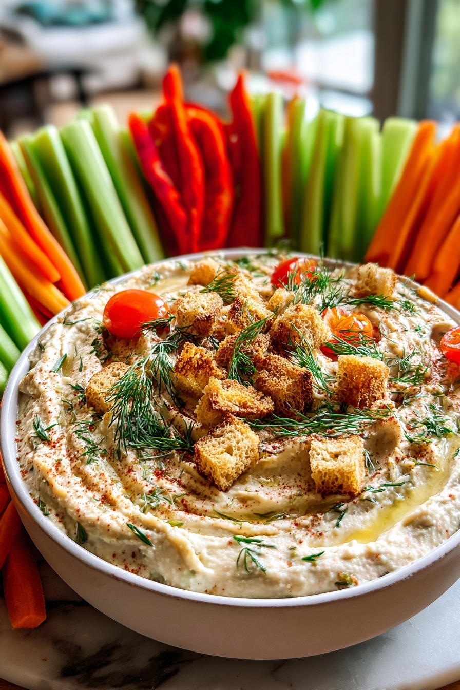 A bowl of veggie ranch dip with carrots and celery.