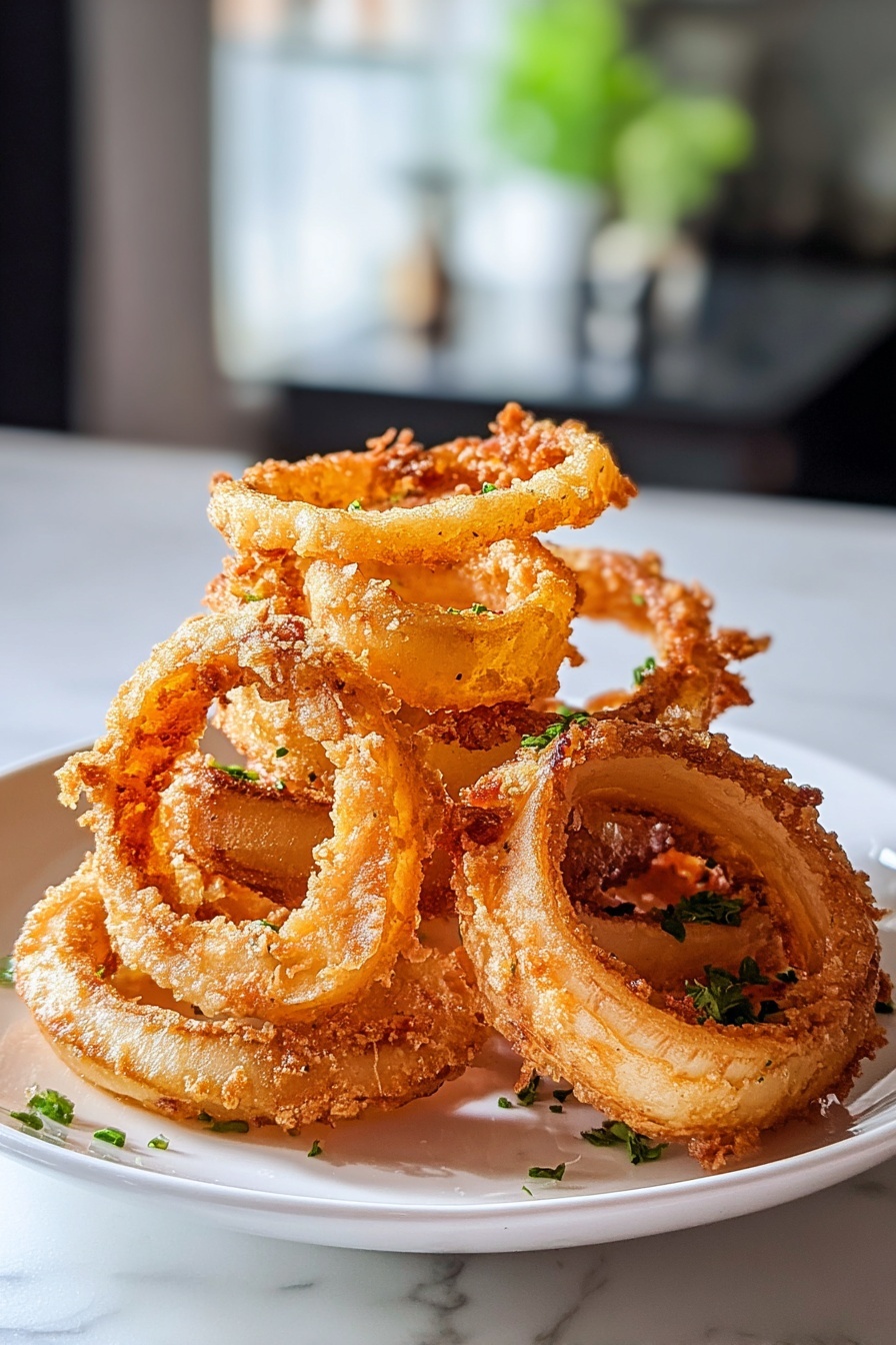 A stack of crispy keto onion rings.