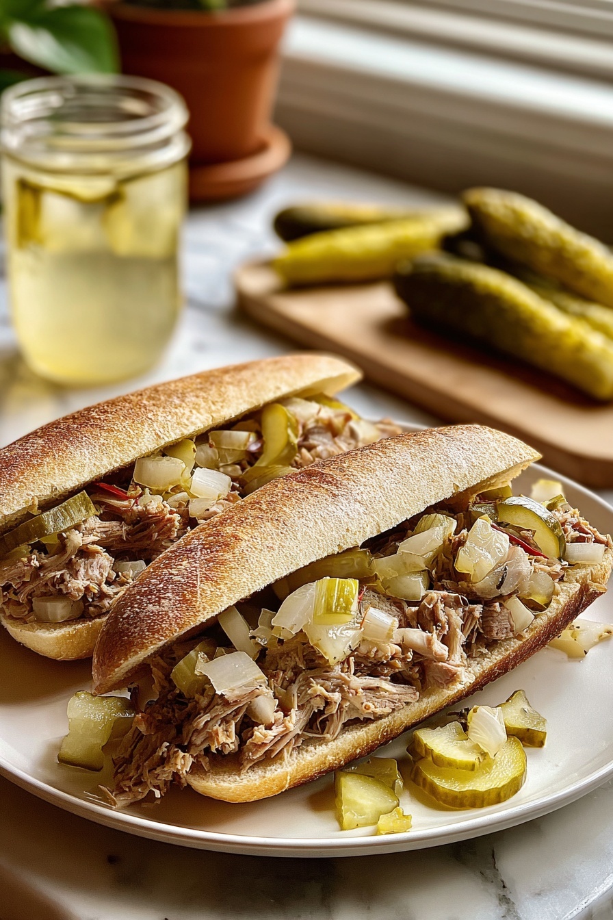 A Cuban chopped grinder sandwich with pickles and onions.