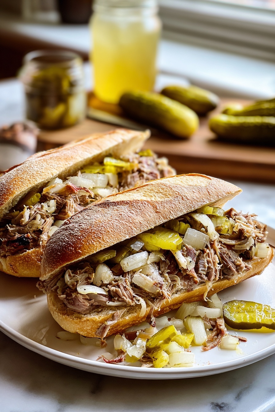 A sandwich with onions and pickles.