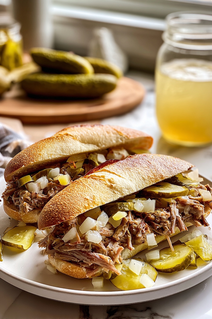 A Cuban Chopped Grinder Sandwich with pickles and onions.