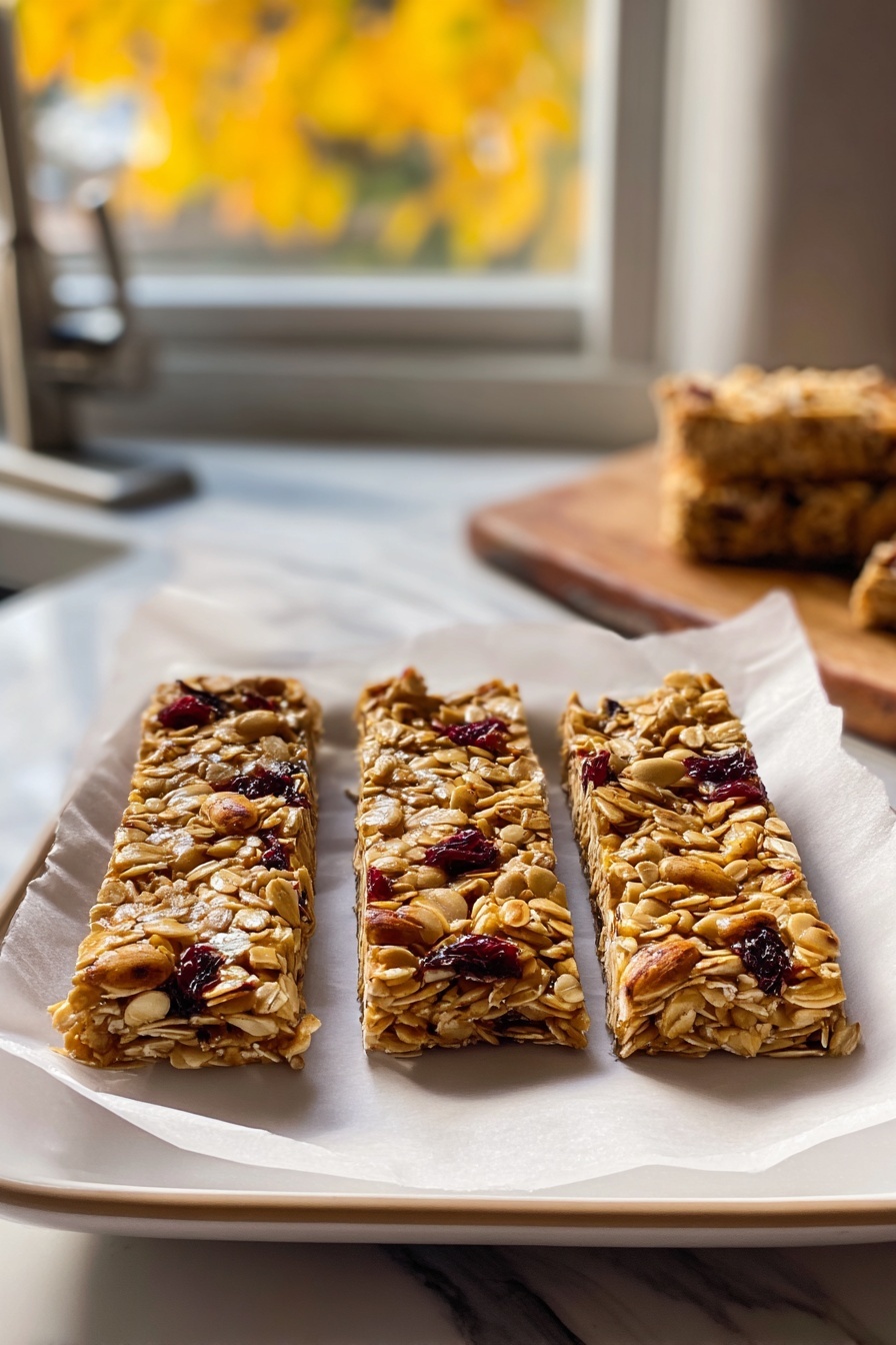 Three chewy granola bars on a white plate.