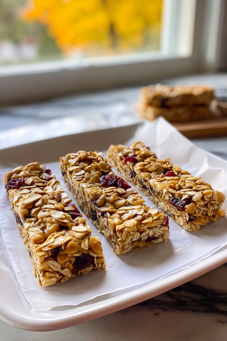 Three chewy granola bars on a plate.
