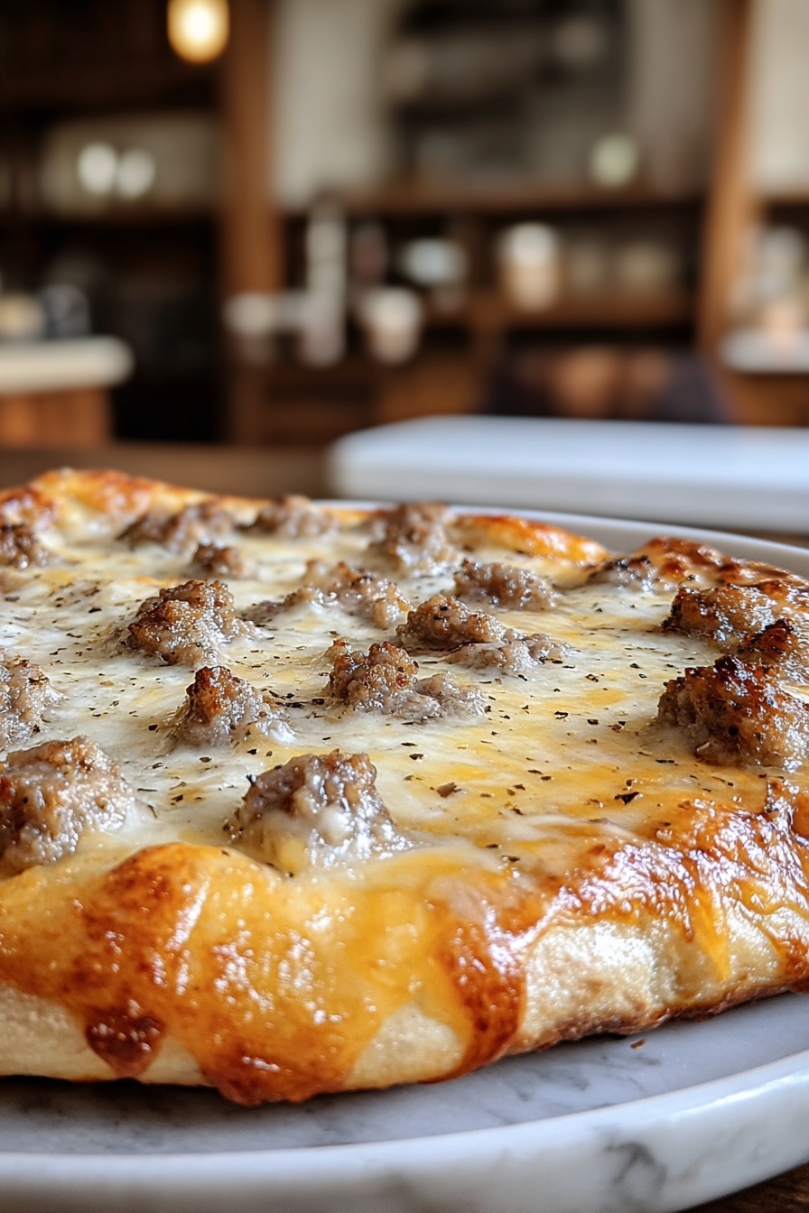A slice of biscuits and sausage gravy breakfast pizza.