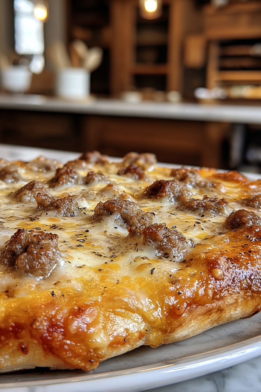 A pizza with meat and cheese on a table.