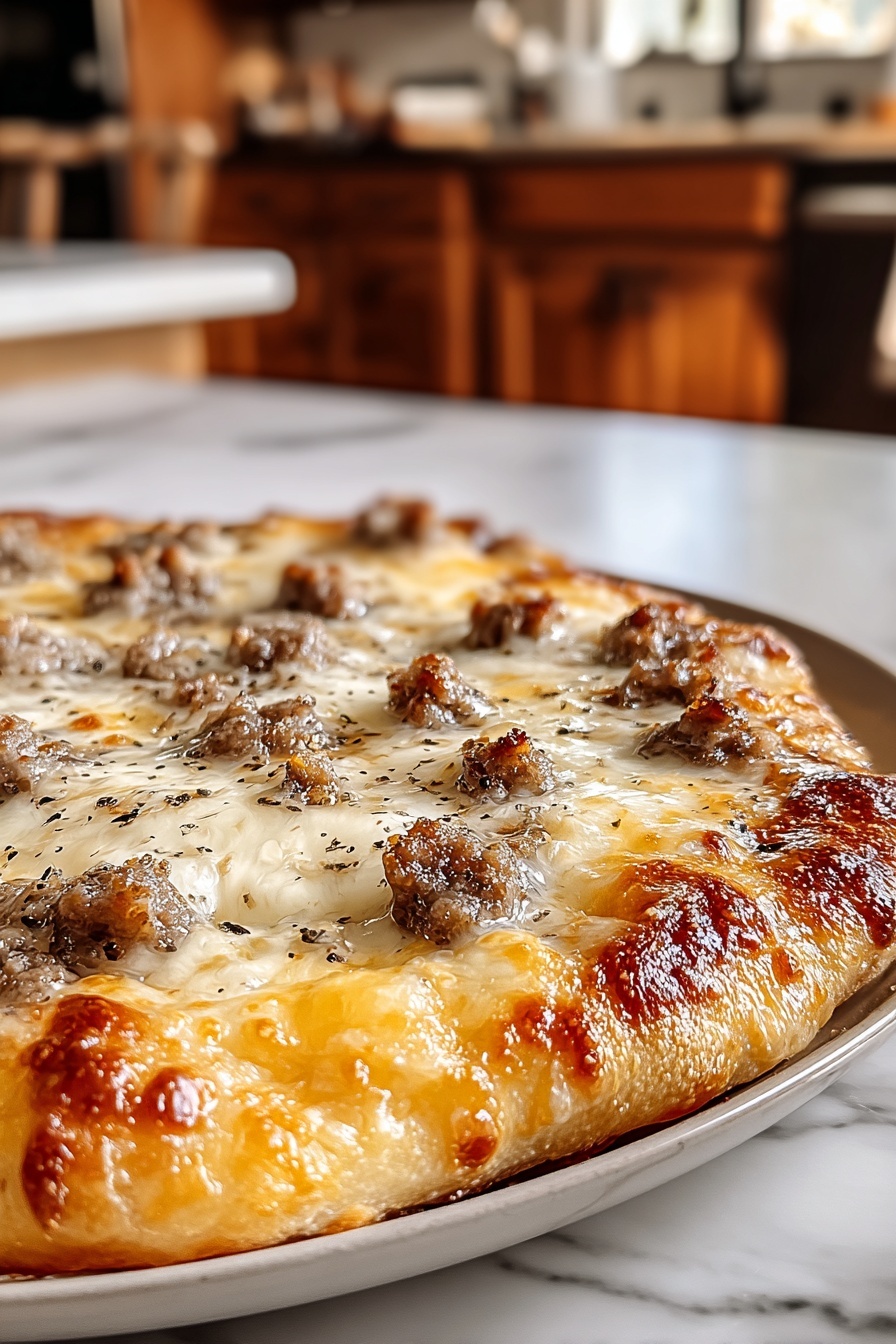A pizza with sausage and cheese on a plate.