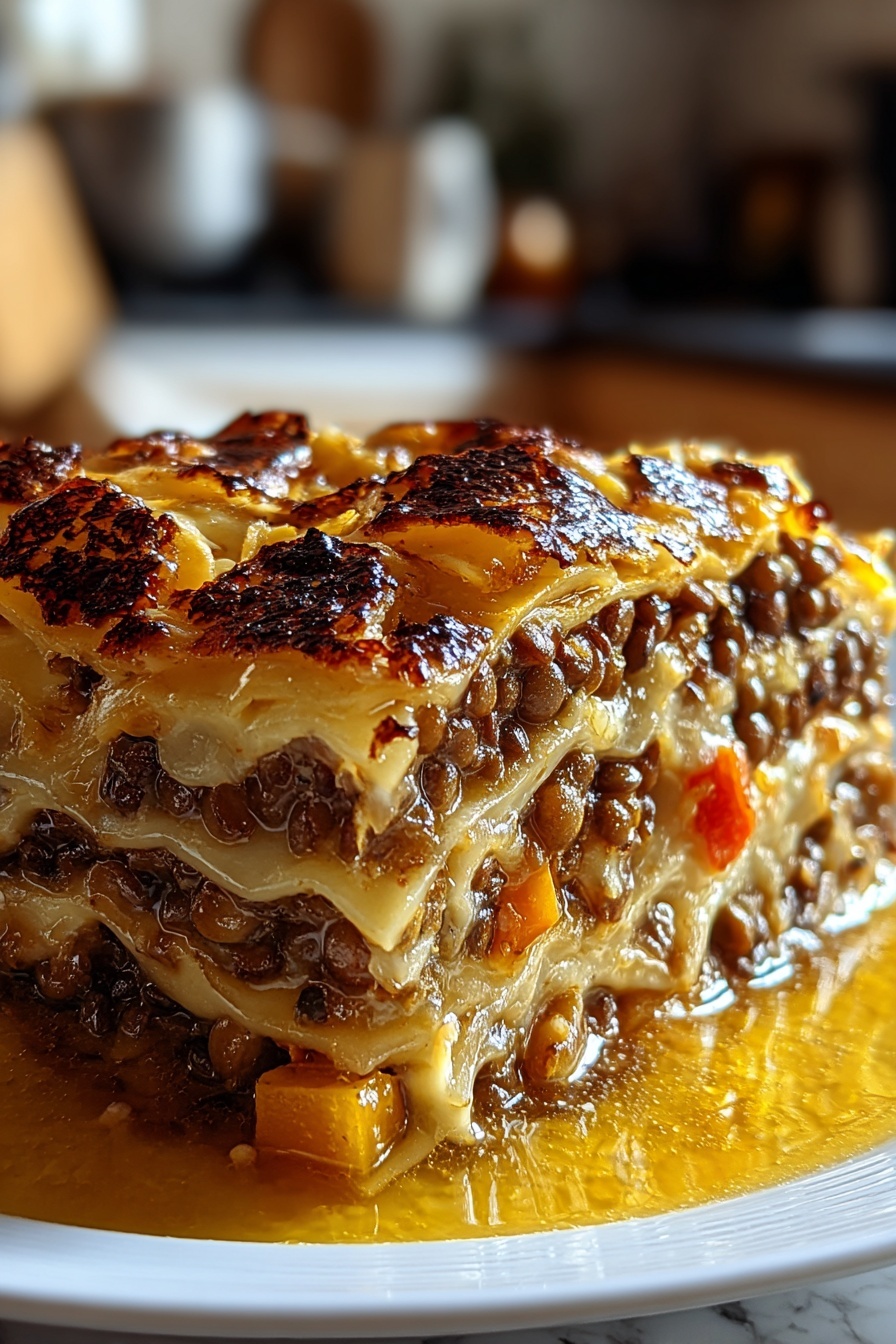 A slice of lasagna with a burnt crust.