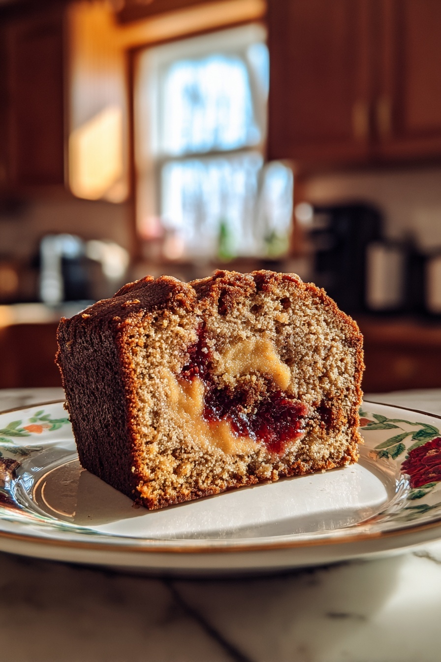 A slice of peanut butter and jelly banana bread.