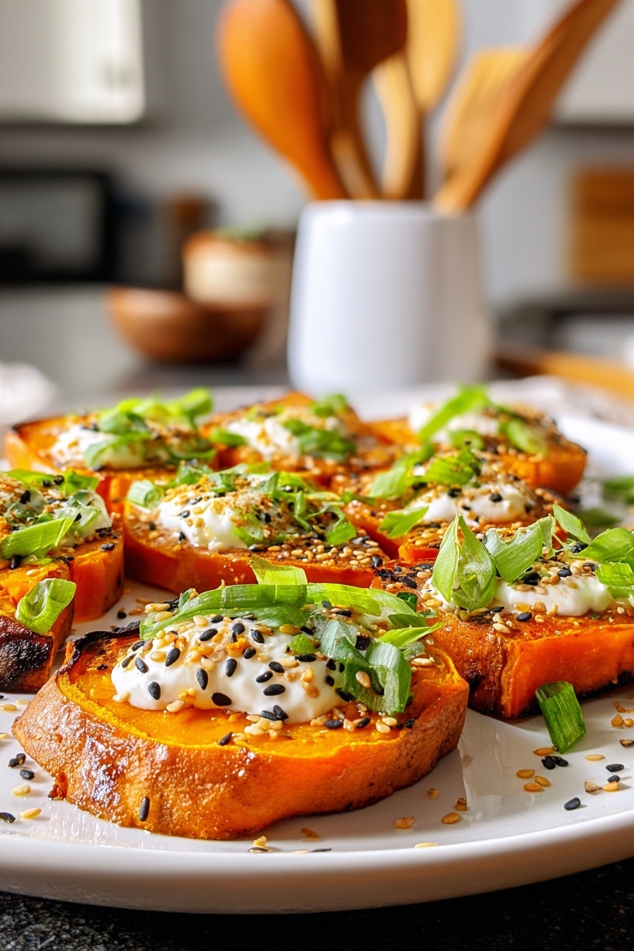 Sweet potato toast with white cheese and black sesame seeds.
