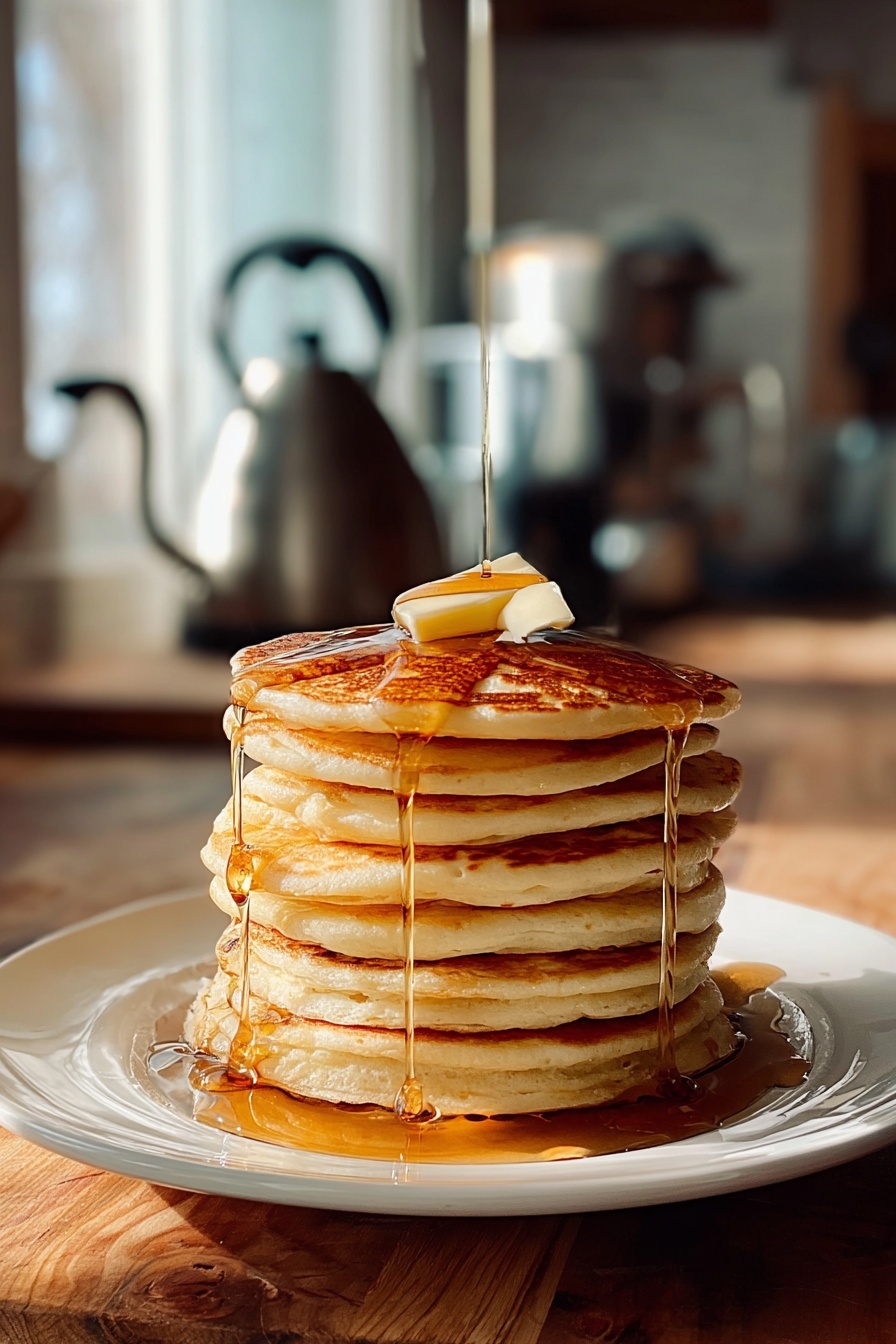 A stack of pancakes with syrup drizzled on top.
