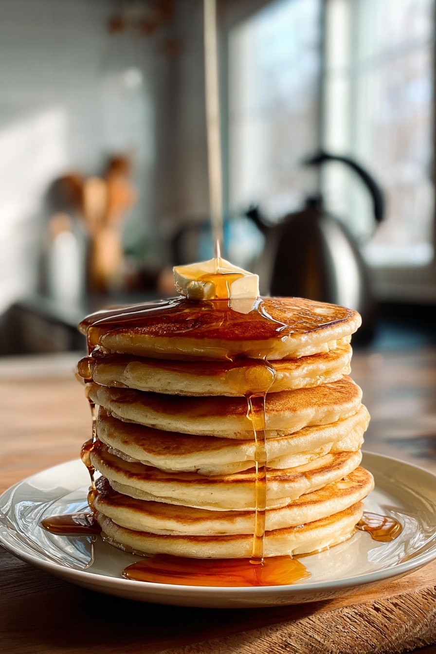 A stack of pancakes with syrup drizzled on top.