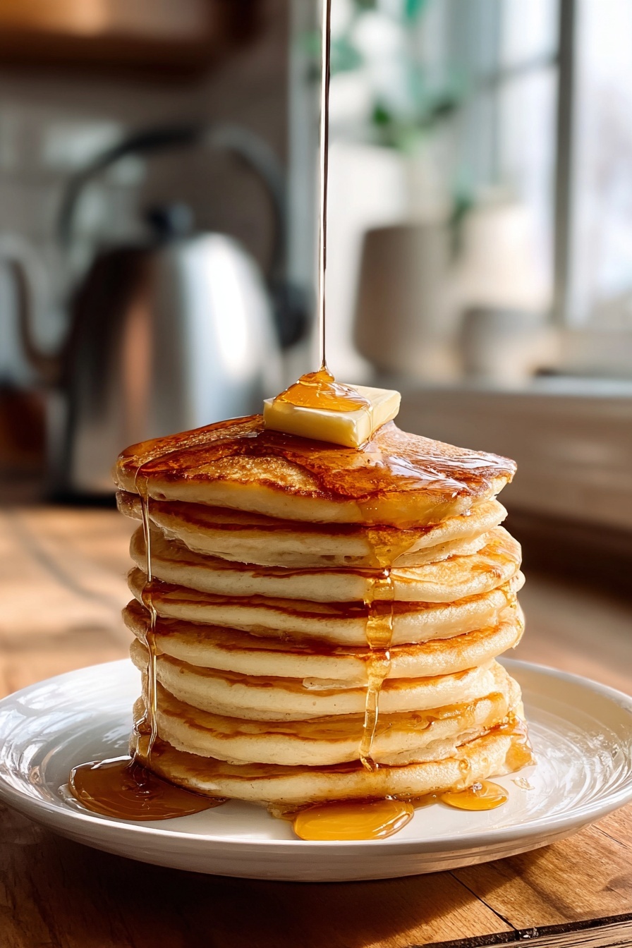 A stack of pancakes with syrup drizzled on top.
