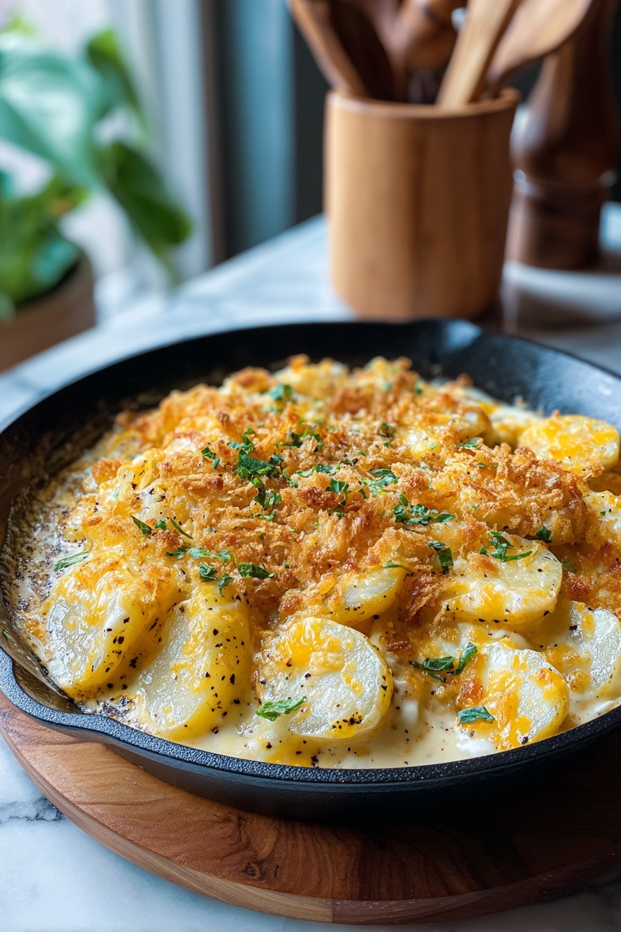 A delicious cheesy potato egg scramble.