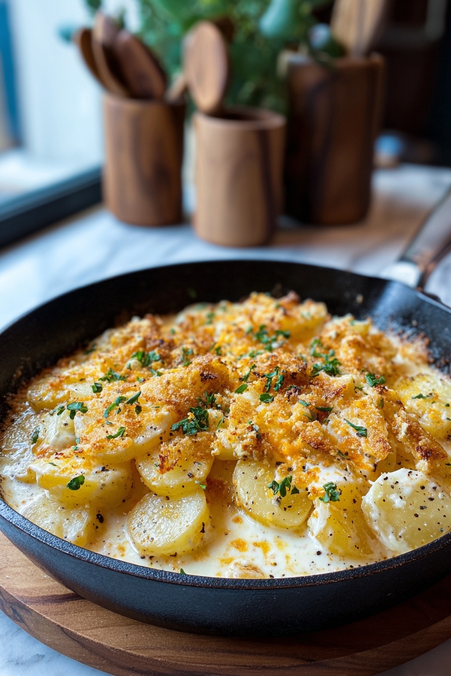 A black pan with food in it.