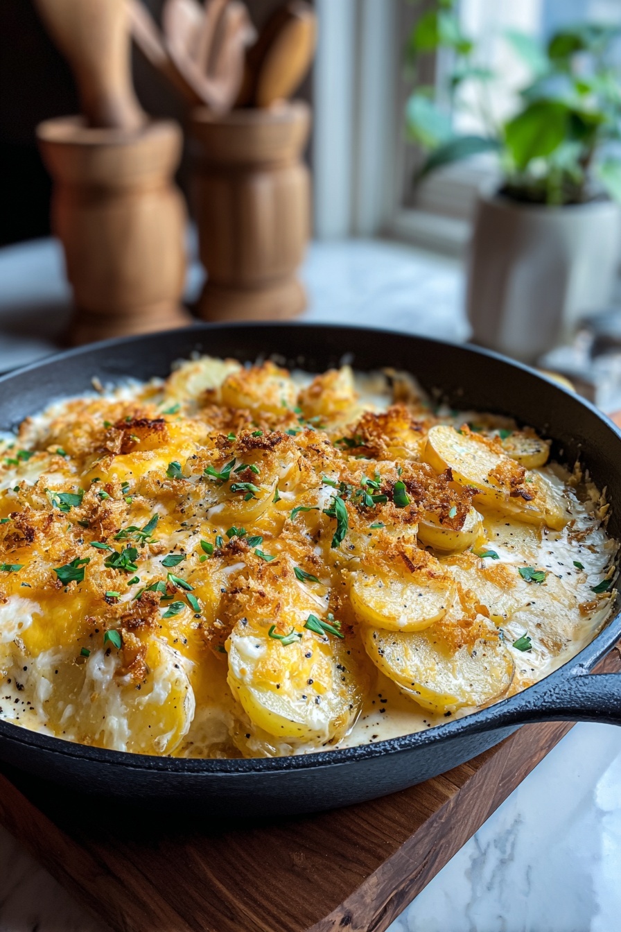 A black skillet with a delicious meal in it.