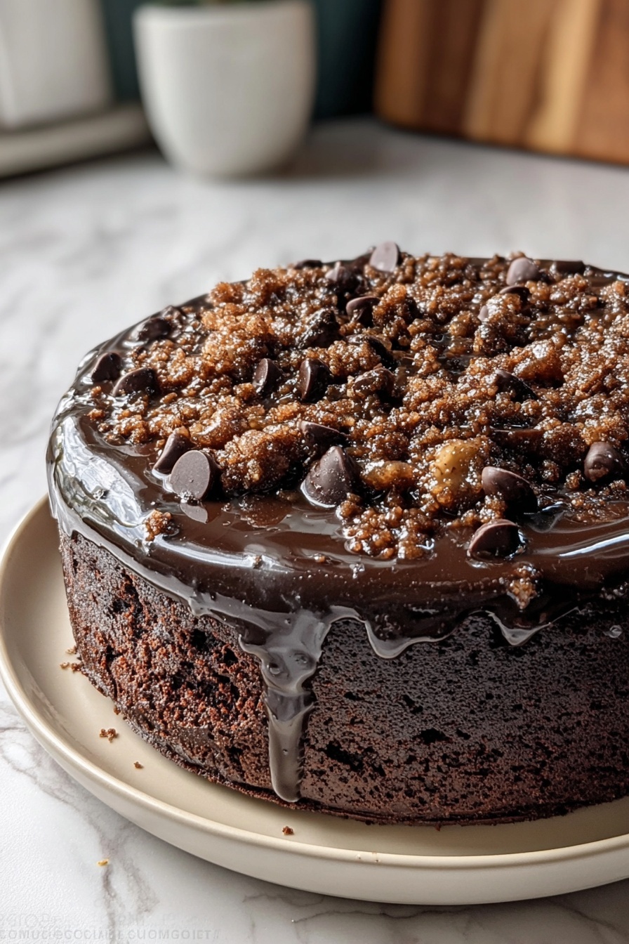 A chocolate cake with chocolate chips and caramel drizzle.