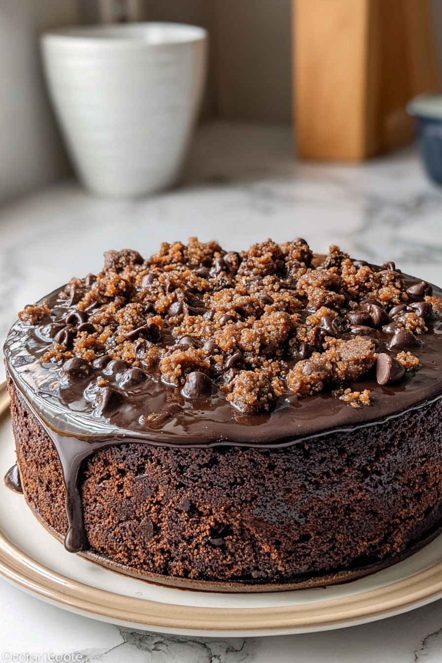 A chocolate cake with chocolate chips and caramel drizzle.
