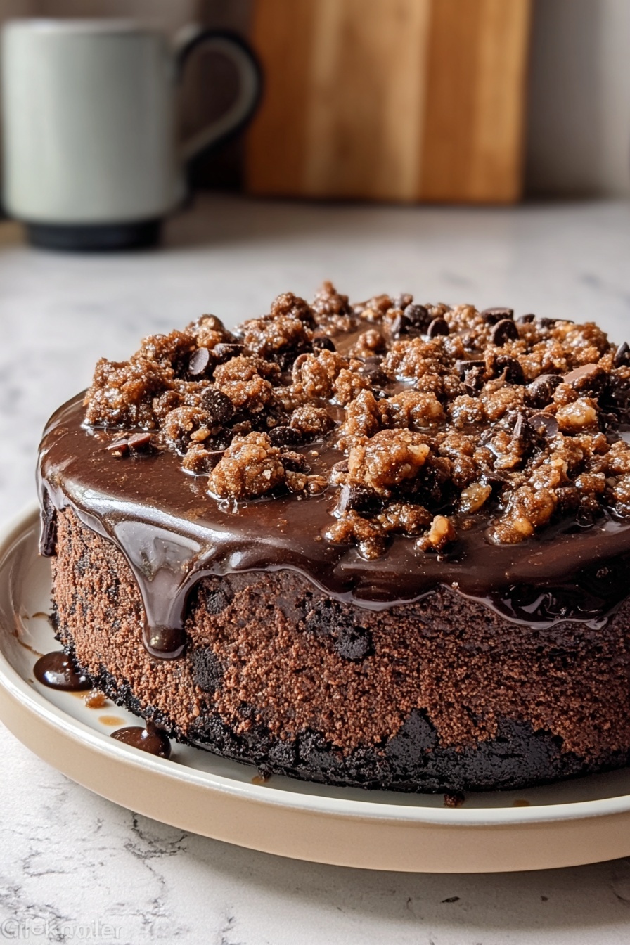 A chocolate cake with walnuts and chocolate chips.