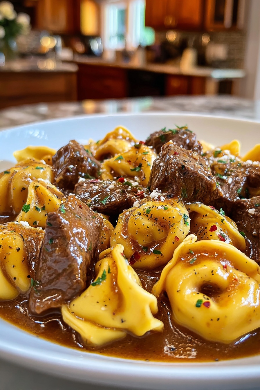 A plate of garlic steak tortellini.