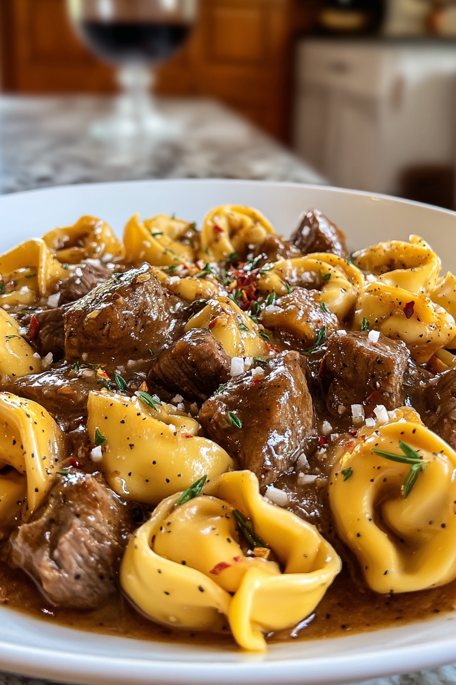 A plate of garlic steak tortellini.