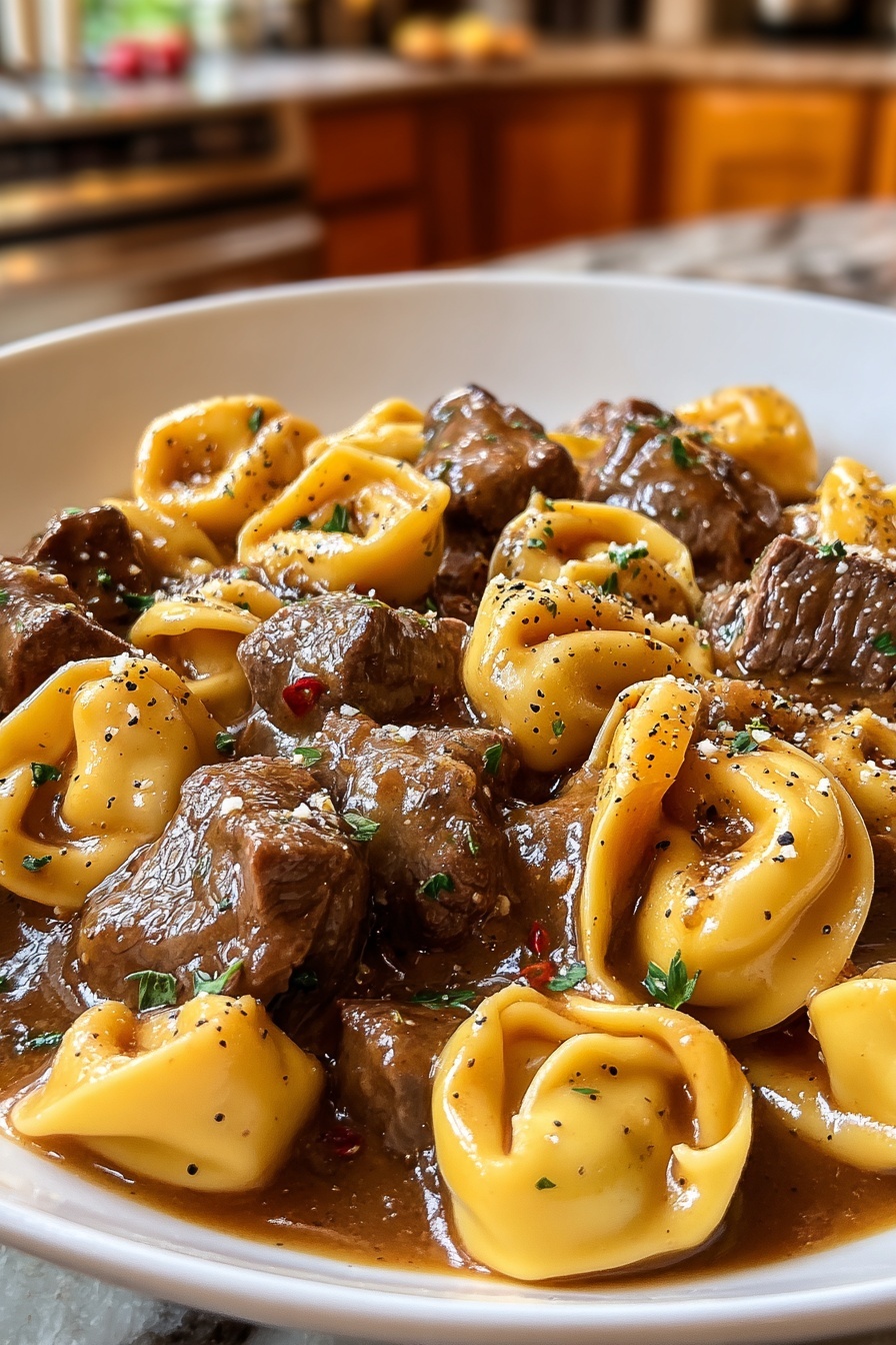 A plate of garlic steak tortellini.