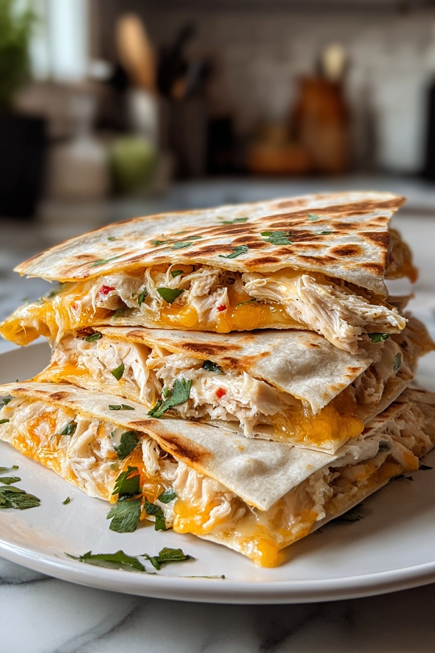 A stack of high-protein chicken ranch quesadillas.