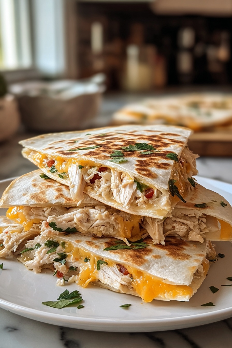 A stack of high-protein chicken ranch quesadillas.