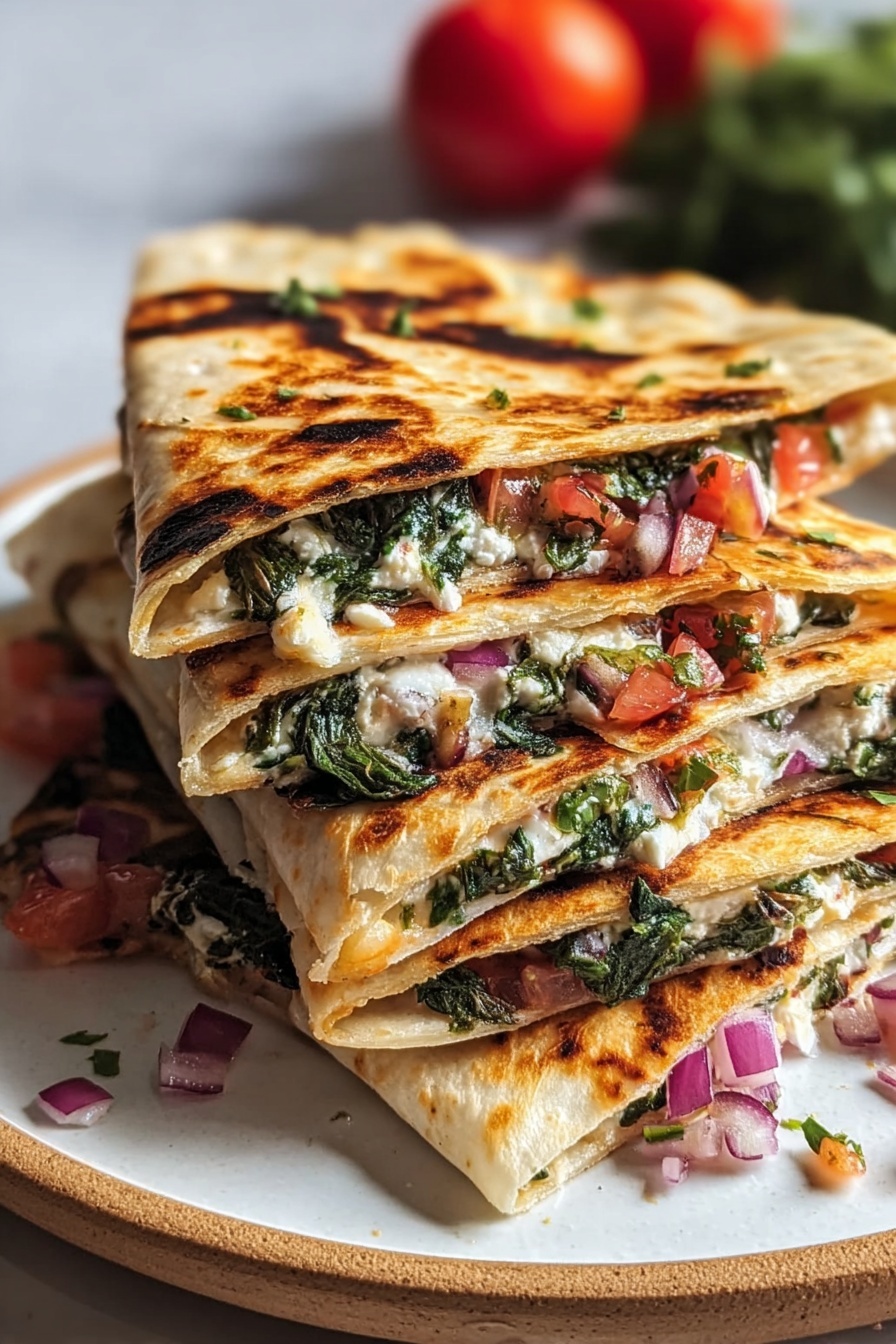 A stack of quesadillas with spinach, feta, and mozzarella.
