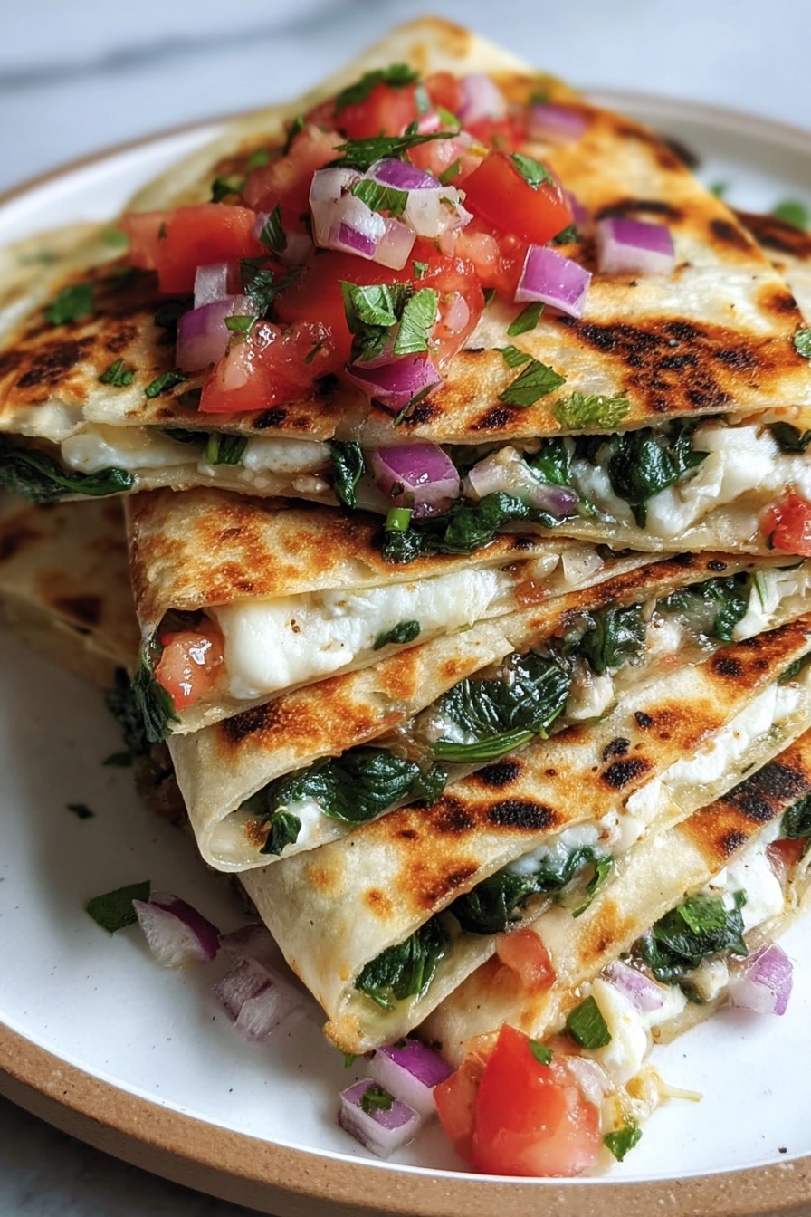 A stack of quesadillas with spinach, feta, and mozzarella.