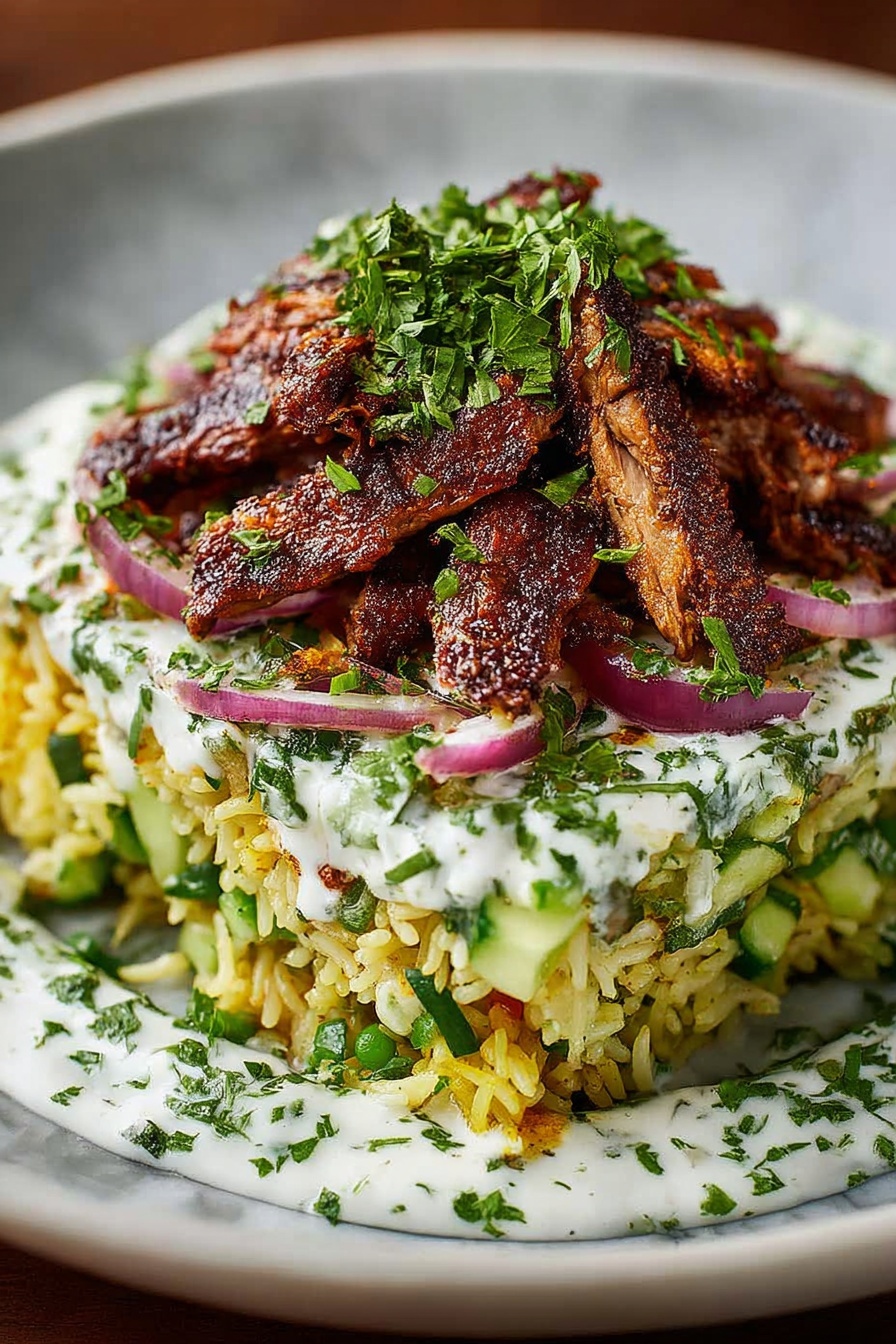A plate of chicken shawarma crispy rice salad.