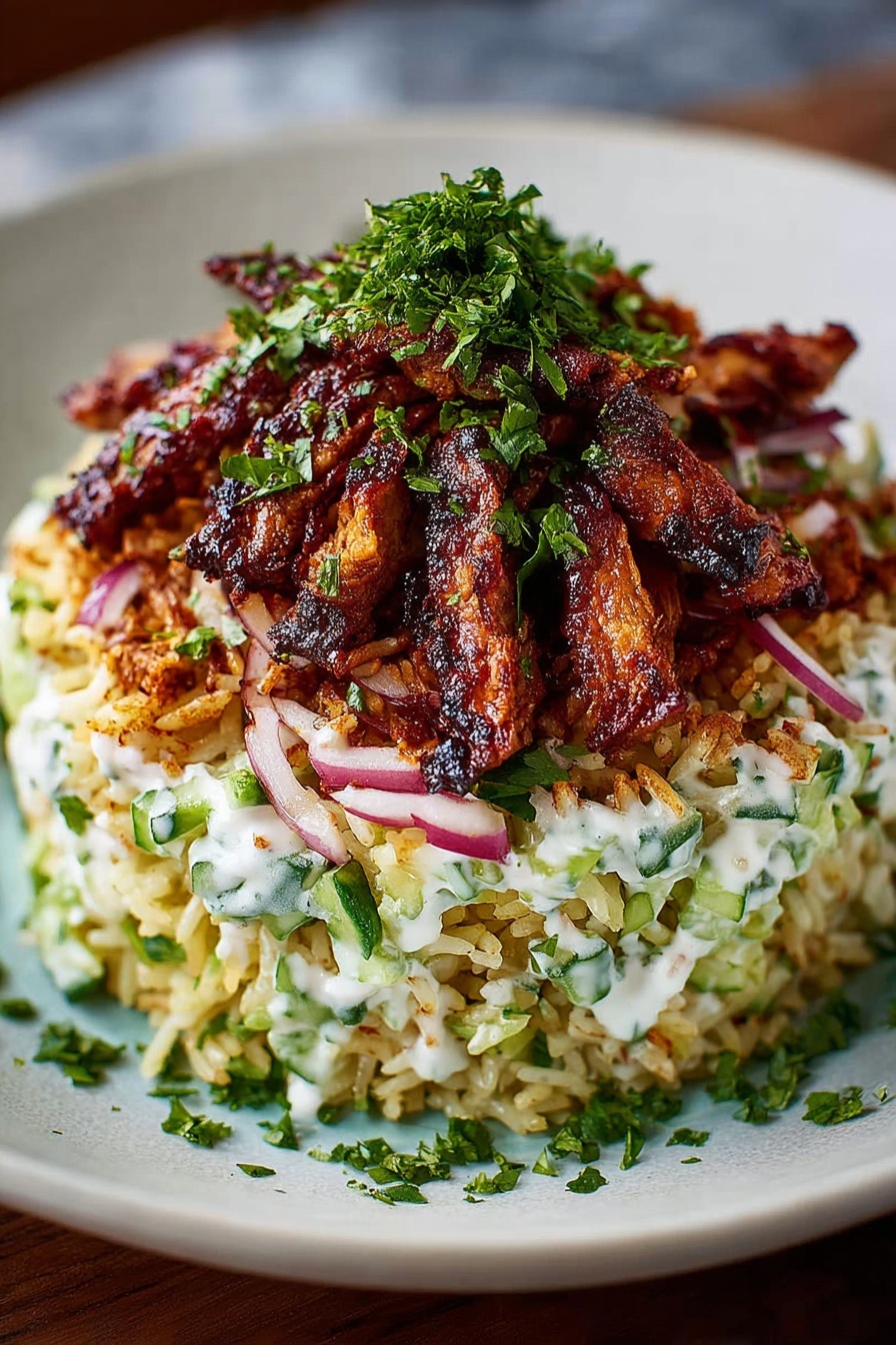 A plate of food with rice and meat on top.