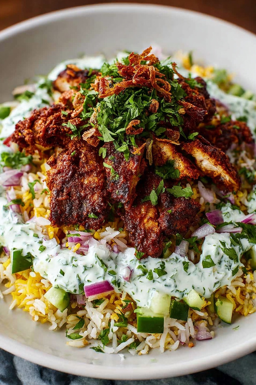 A plate of chicken shawarma crispy rice salad.
