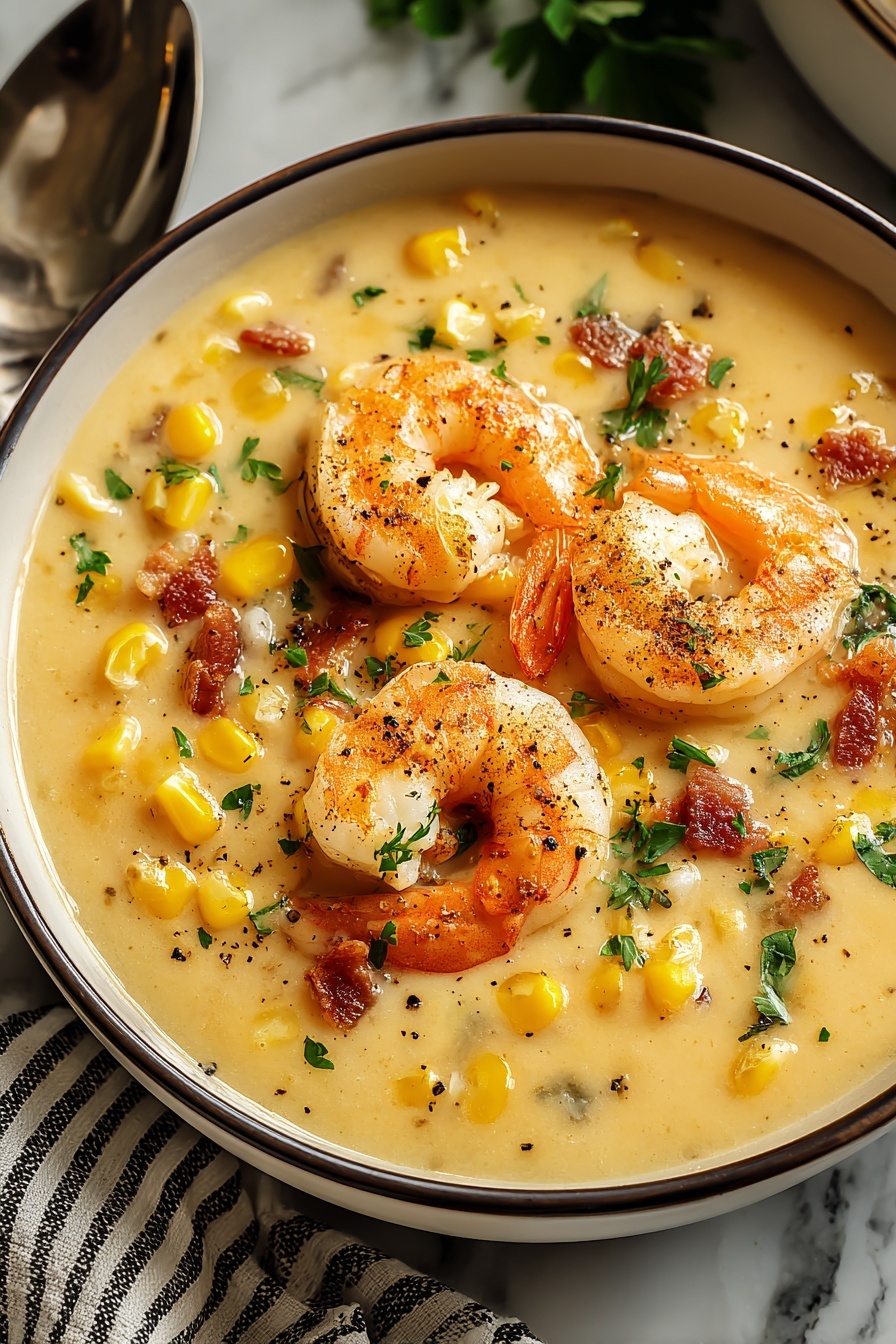 A bowl of shrimp and corn bisque.