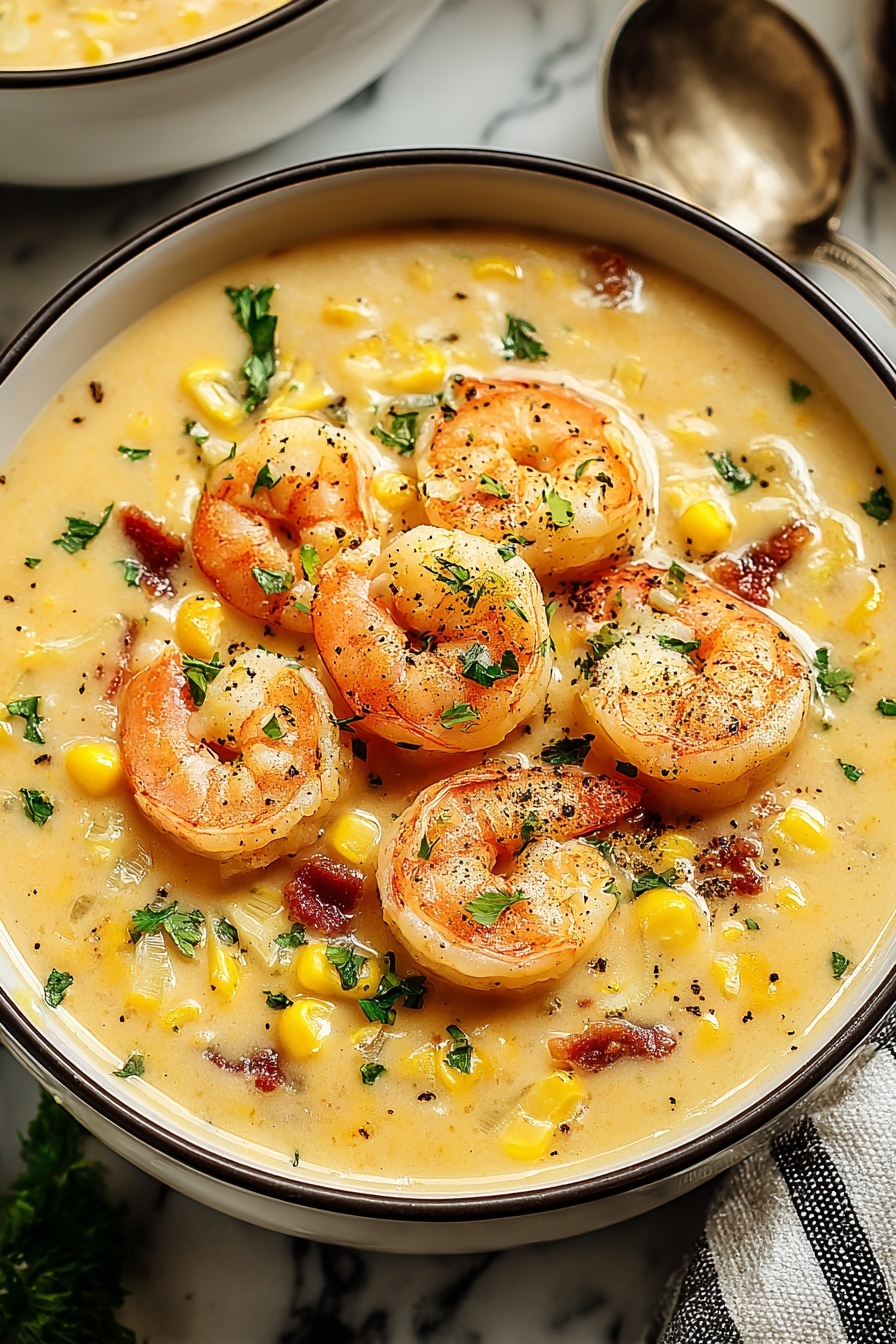 A bowl of soup with shrimp and corn.