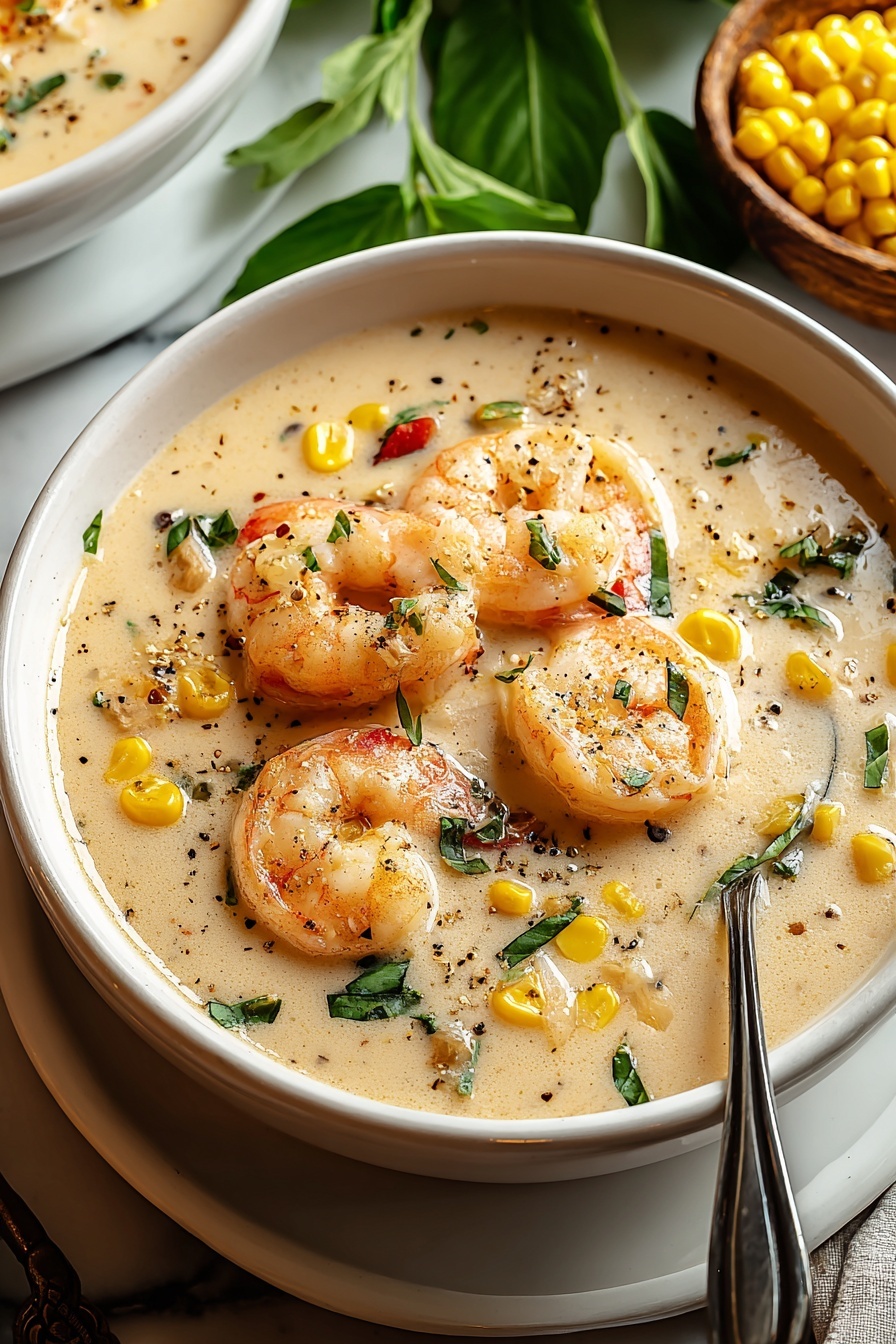 A bowl of soup with shrimp and corn.