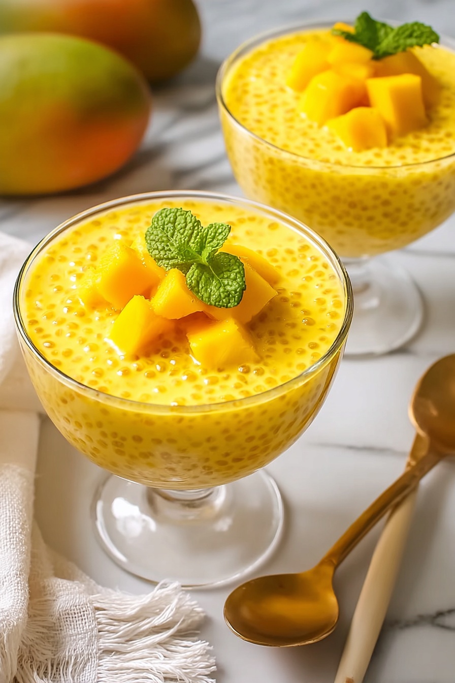 A glass of mango sago with a green leaf on top.