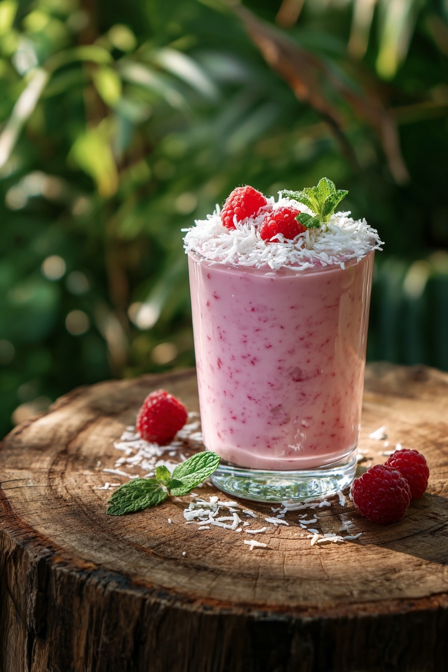 A glass of raspberry coconut mojito with a raspberry on top.