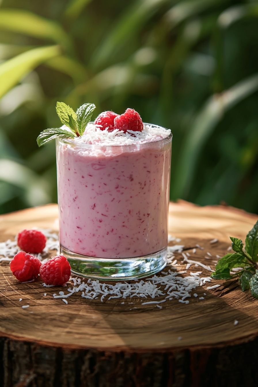 A glass of raspberry coconut mojito.
