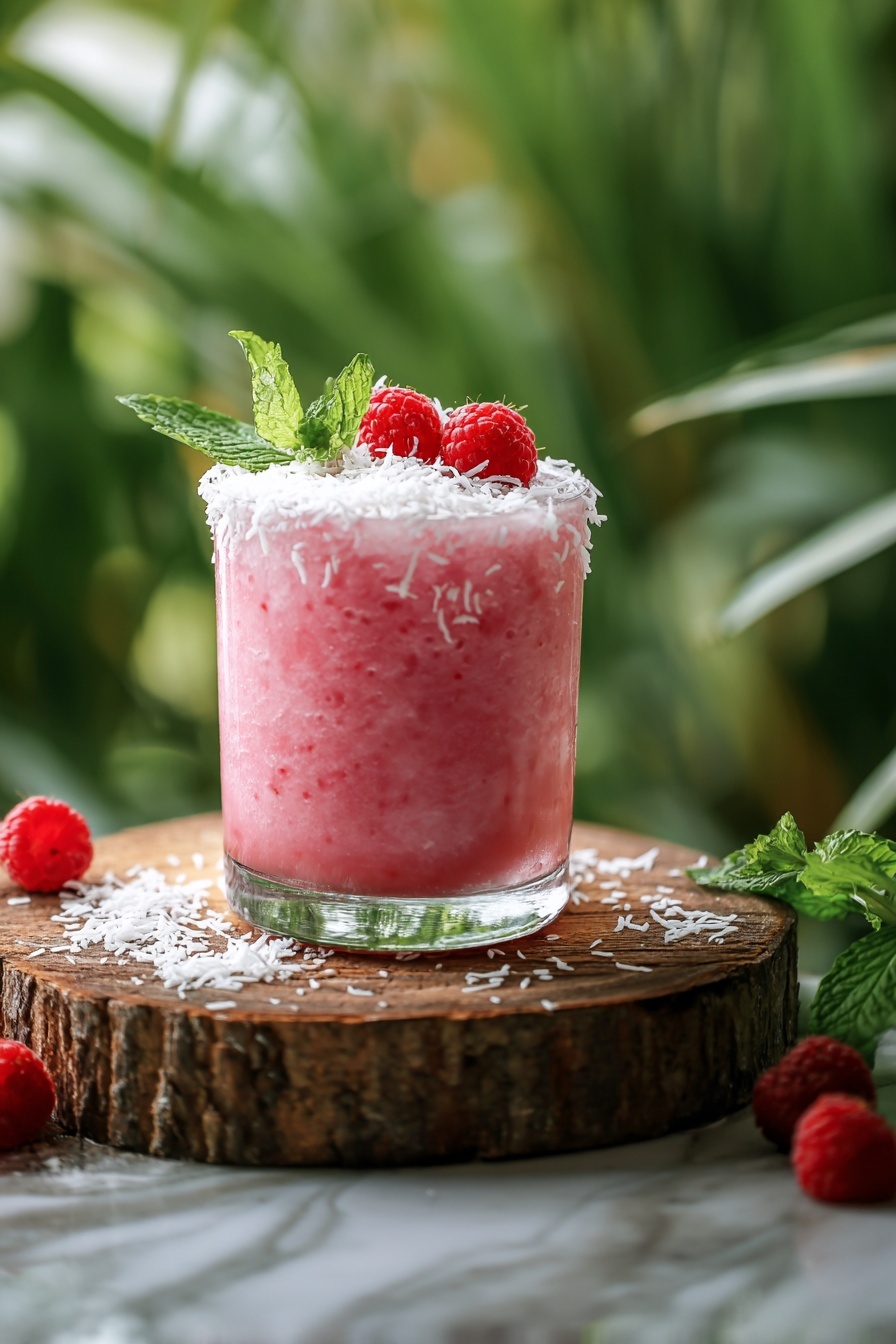A glass of raspberry coconut mojito.