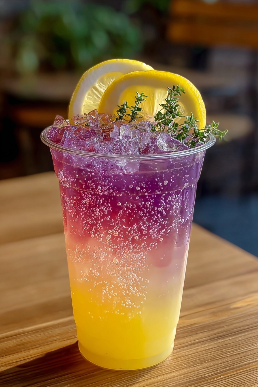 A glass of honey lemon pink soda with a lemon wedge on top.